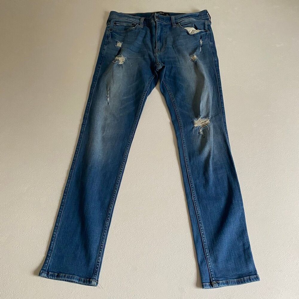 Hollister Men’s Skinny Jeans W33 L32 Dark Wash Distressed Stretch Denim